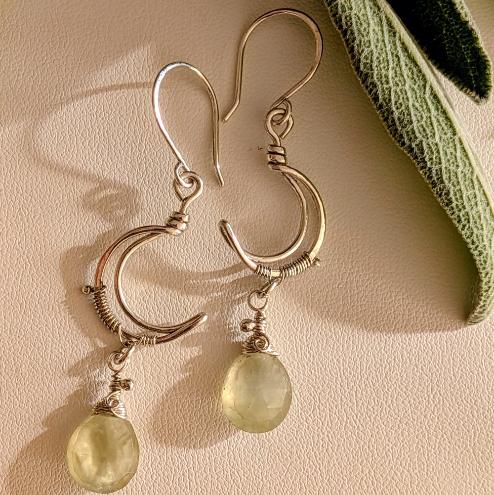 Sterling Silver Moon Earrings- Artisan Crafted Crescents-Green Prehnite Gems